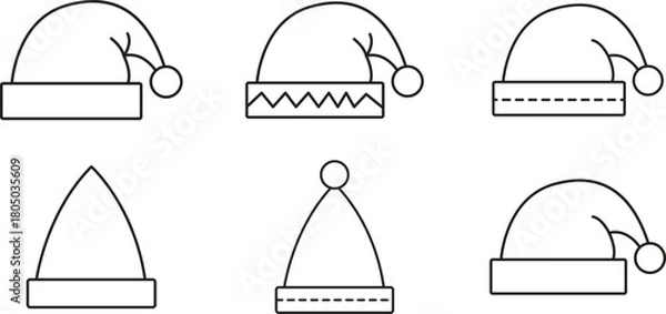 Fototapeta Collection of six simple outline drawings of santa hats for christmas