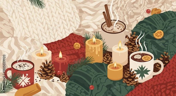 Fototapeta Cozy winter evening scene with steaming mugs of hot chocolate, glowing candles, pinecones, and warm knitted blankets creating a festive holiday atmosphere