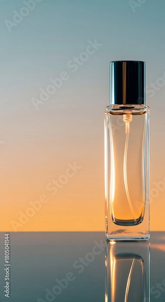 Obraz A clear glass perfume bottle with a black cap sits on a reflective surface with a gradient background.