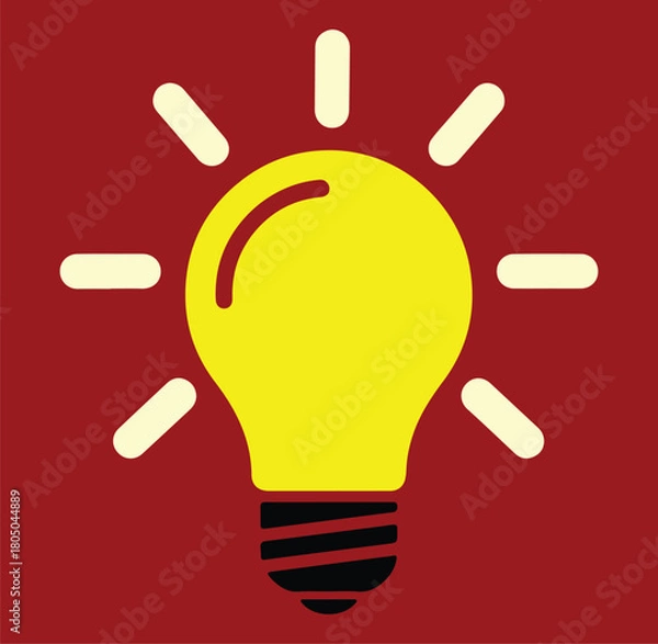 Obraz Bright yellow light bulb vector with radiating lines on red background vector icon