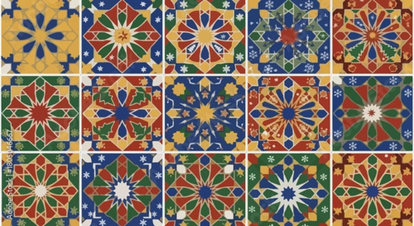 Fototapeta Vibrant mosaic tiles featuring intricate geometric patterns in festive red, green, and blue hues with golden accents and subtle snowflake motifs