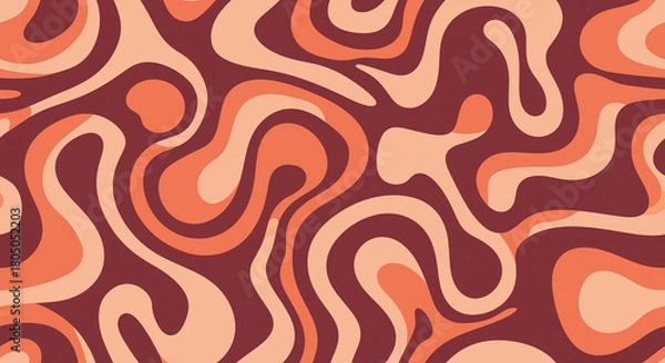 Fototapeta Retro groovy liquid swirl seamless pattern in warm earthy tones. 70s psychedelic abstract background wallpaper.