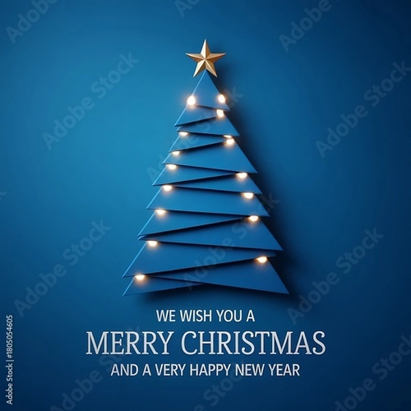 Fototapeta Creative christmas tree made of blue triangles and star on blue background square banner