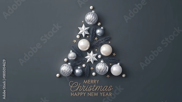 Obraz Creative christmas tree made of silver ornaments on gray background square banner
