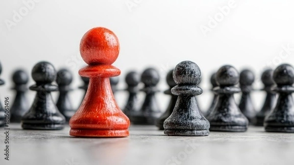 Fototapeta Unique red pawn stands out among black chess pieces, symbolizing individuality and strategy in competition.