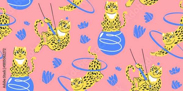 Obraz Seamless rich circus pattern with wild cats and gymnastics equipment, cheetahs in pink and yellow