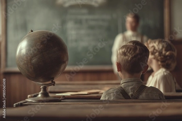Obraz Vintage classroom scene with globe and students learning geography and history in old school setting