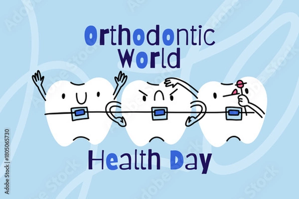 Obraz Orthodontic World Health Day. A row of teeth with faces in braces, characters with emotions