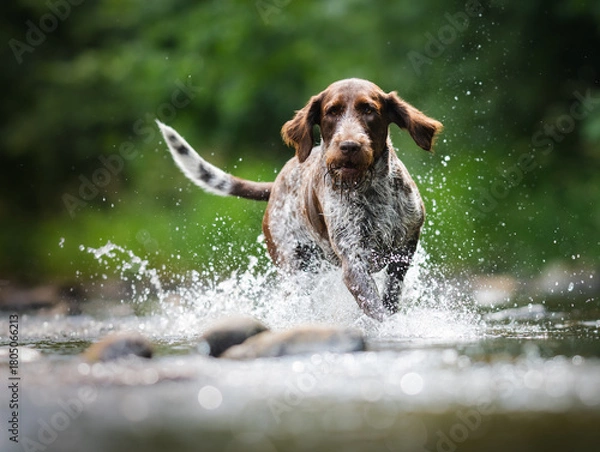 Fototapeta Energetic Spinone Italiano Dog Running and Splashing in Water