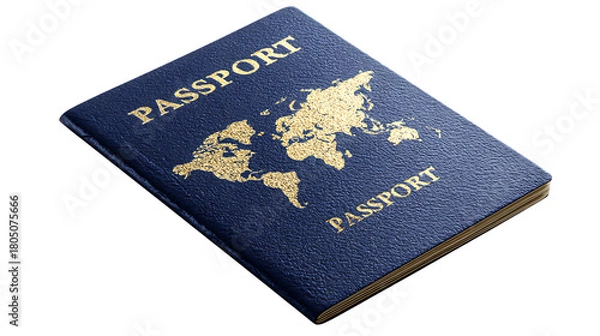Fototapeta Blue passport with gold world map, isolated on transparent background