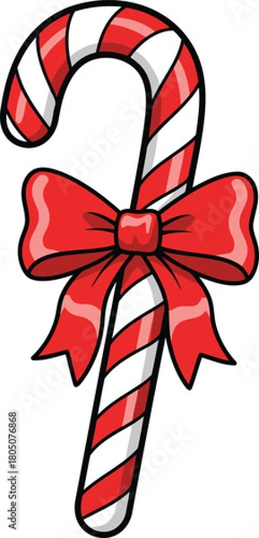 Fototapeta Red and white striped candy cane with a red bow isolated on white background