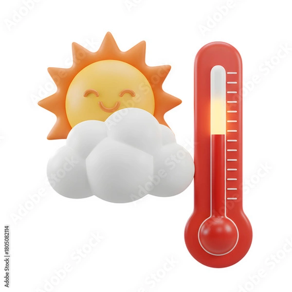 Fototapeta Smiling sun and thermometer show high temperature, weather icon isolated on transparent background