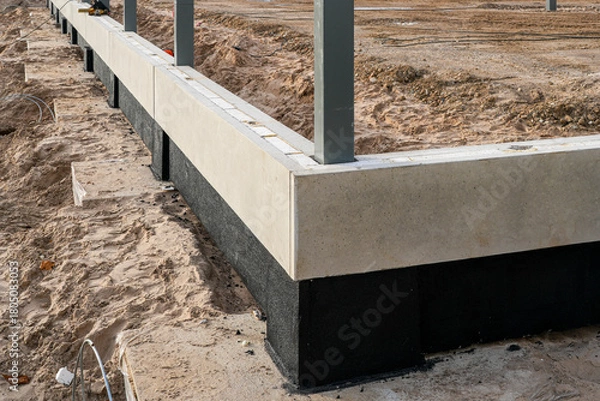 Fototapeta Concrete building foundation with waterproofing layer during early construction stage