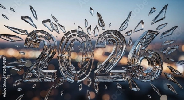 Fototapeta Exploding Crystal Numbers Representing the Year 2026 Breaking Apart Over a Cityscape at Dusk