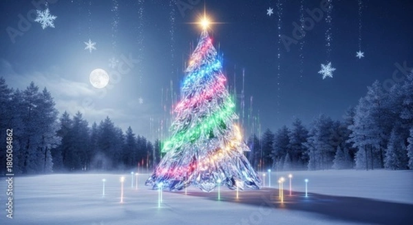 Fototapeta Enchanting Winter Night Decorated Christmas Tree Twinkling Lights Snowflakes