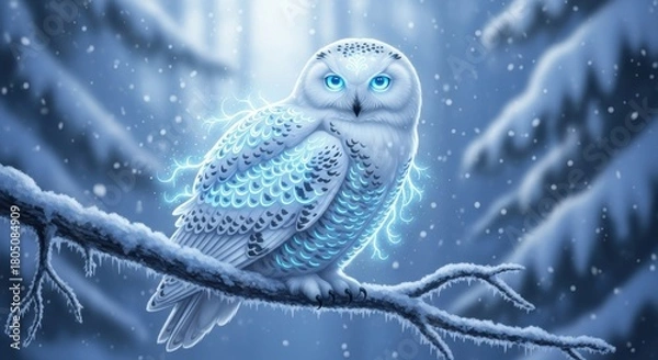 Fototapeta Enchanting Snowy Owl with Electrifying Aura Perched on a Frosty Branch in a Winter Wonderland