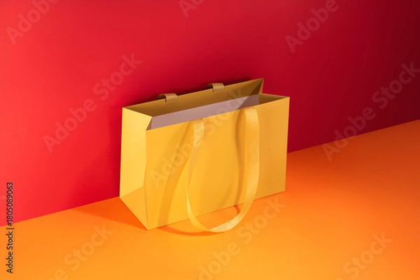 Fototapeta Yellow paper glossy shopping bag mockup with yellow handles	
