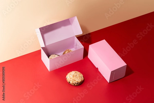 Fototapeta Open pink box mockup without logos for confectionery products