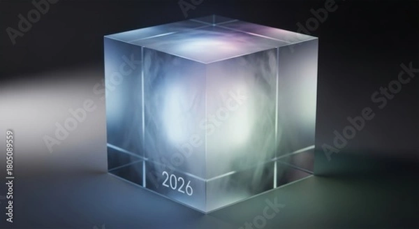 Fototapeta Translucent Cube with Glowing Sphere and Year 2026