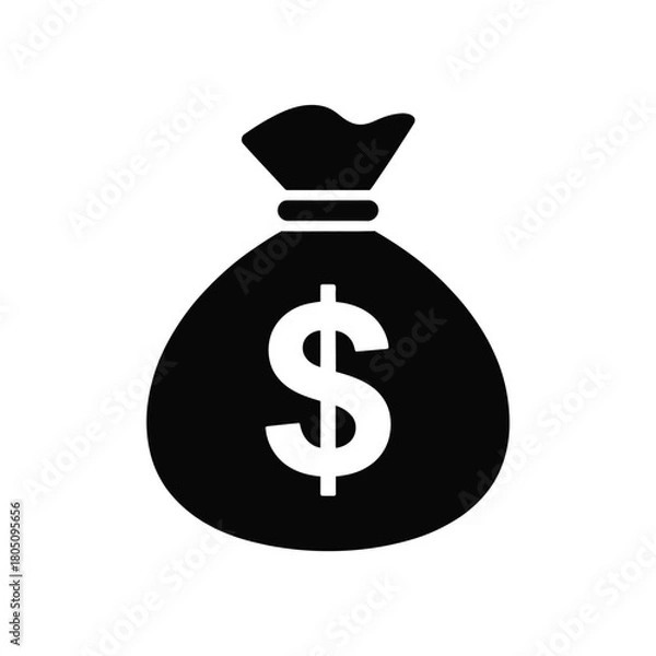 Fototapeta A simple black icon of a money bag with a dollar sign is depicted on a white background.
