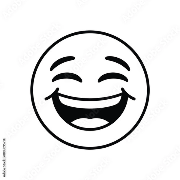 Fototapeta A simple black and white illustration of a laughing emoji face.
