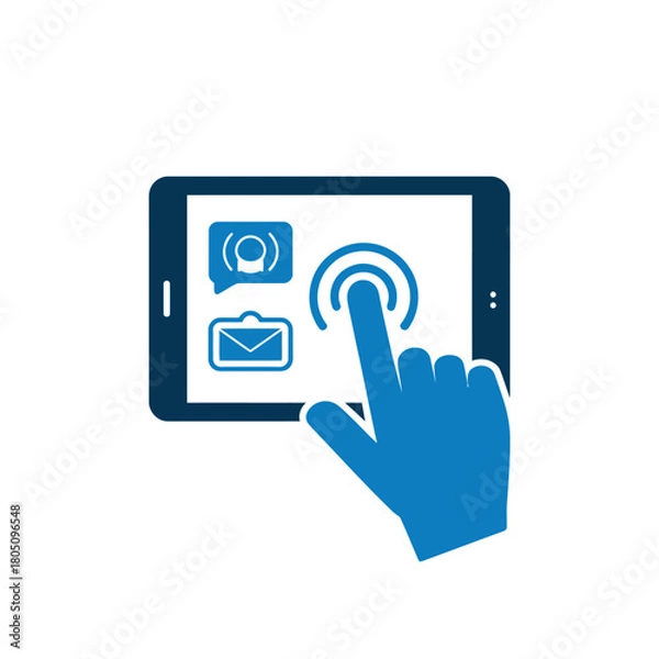 Fototapeta A hand taps on a tablet screen with communication icons.