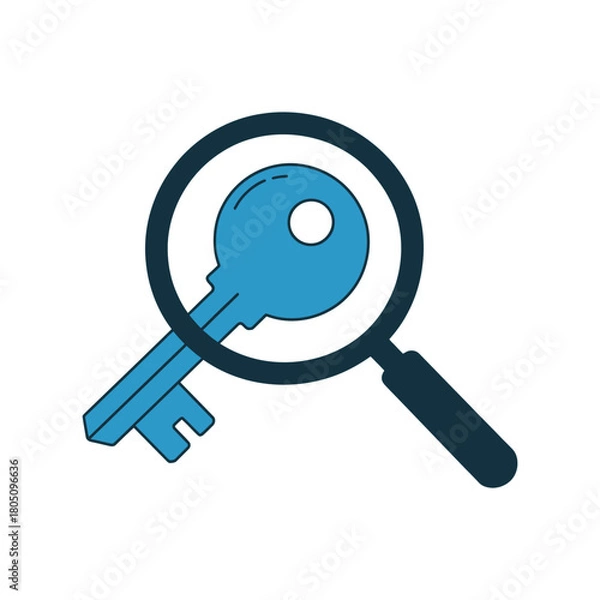 Fototapeta Magnifying glass focuses on a large blue key, representing search and discovery.