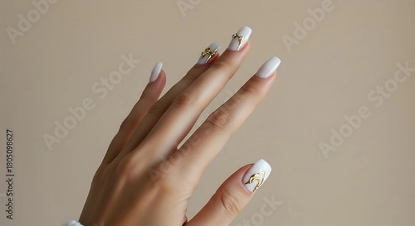 Fototapeta Graceful female hand displaying a beautiful white manicure with intricate gold foil accents against a soft, neutral background