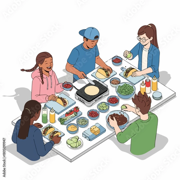 Fototapeta Flat Cartoon Illustration of a Diverse Group of People Eating Tacos Together
