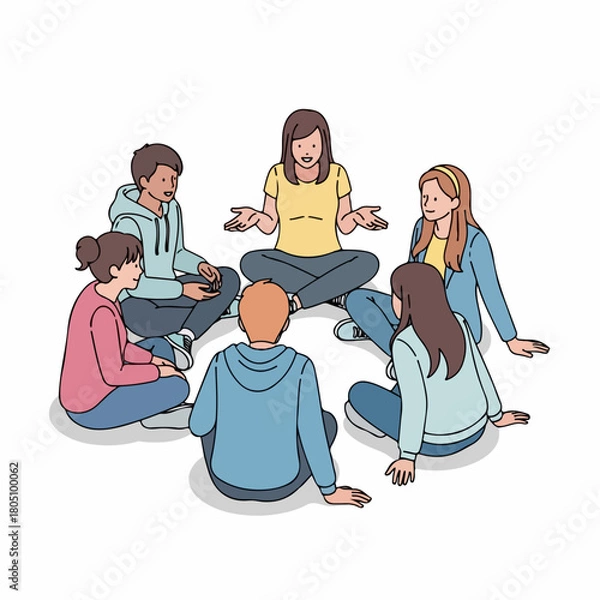 Fototapeta Handdrawn Group Therapy Session Illustration with Diverse Participants in a Circle