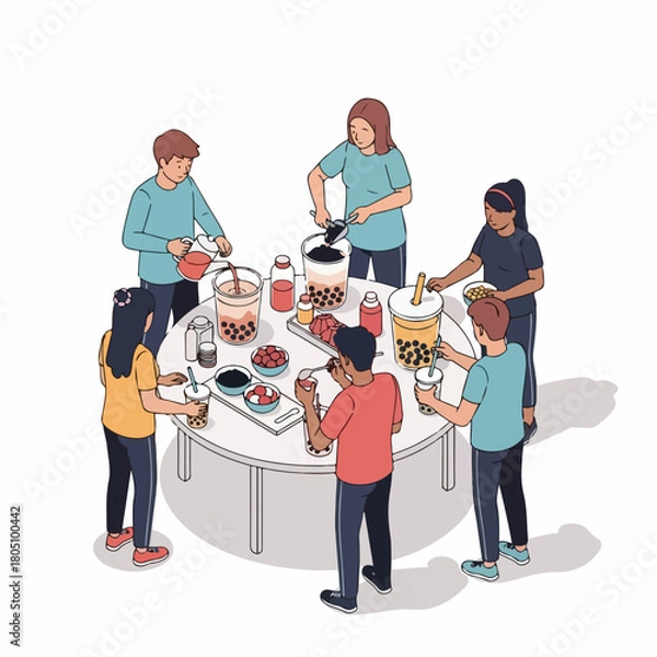 Obraz Flat Illustration People Making Boba Tea at Round Table Together