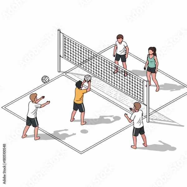 Fototapeta Isometric Illustration of Volleyball Game with Players and Net on Court