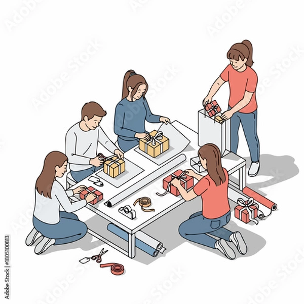 Obraz Creative Hand Drawn Gift Wrapping Teamwork Illustration People Making Decoration