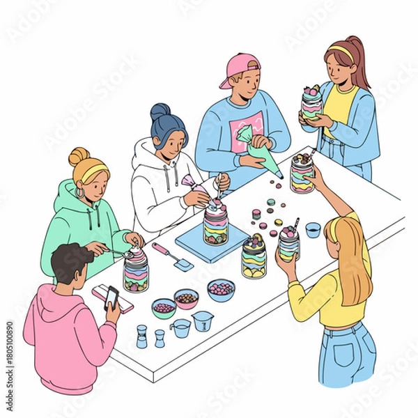 Fototapeta Flat Illustration People Crafting and Decorating Glass Jar Together Group Activity