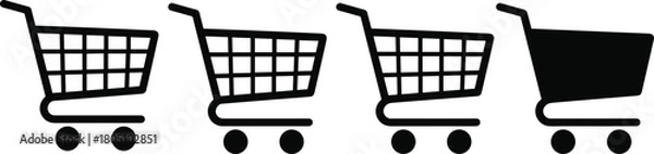 Fototapeta Shopping cart icon set, e-commerce symbols, retail basket graphics, black silhouette carts, online store interface elements, vector illustration collection