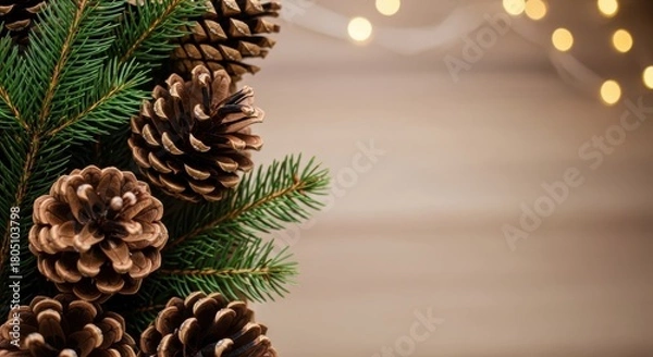 Fototapeta Festive evergreen branches with pine cones and bokeh lights background
