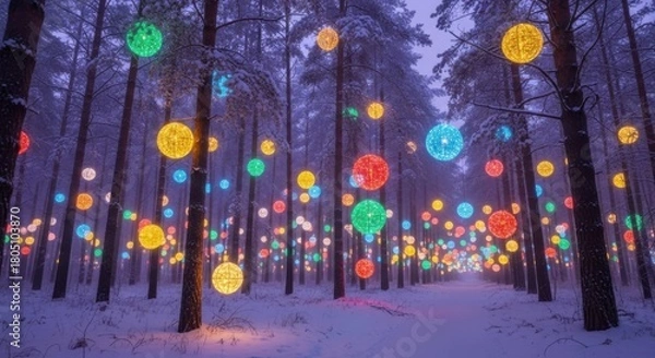 Fototapeta Magical Winter Forest Illuminated with Colorful Spherical Lights