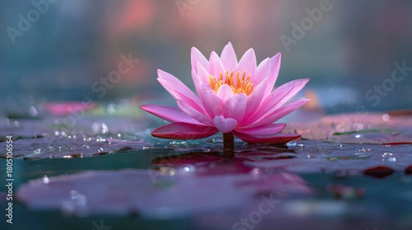 Fototapeta Close-up of a vibrant pink lotus flower blooming in a pond at early morning.
