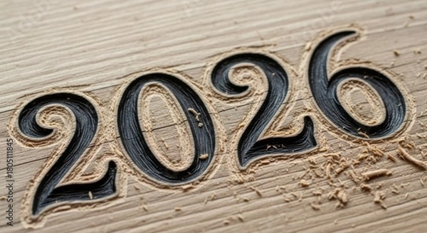 Fototapeta Engraved Year Twenty Twenty Six on Wood Texture