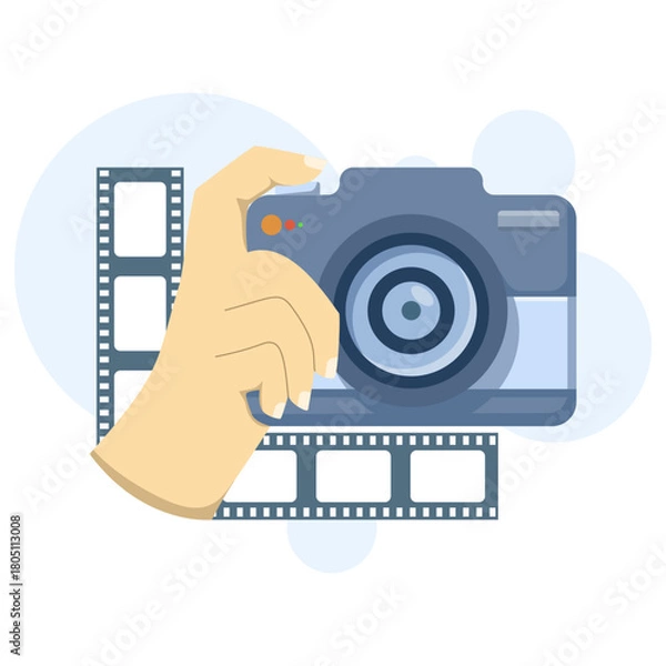 Fototapeta World Photography Day illustration showing a hand holding a camera, capturing a moment, surrounded by film rolls. Ideal for cards, websites, and social media.
