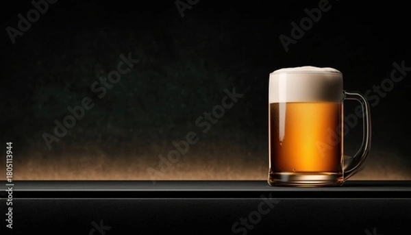 Fototapeta Light Beer With Foam In A Mug On A Beautifully Lit Stage With Space For Inscription, Logo, Or Recipe On A Black Top.