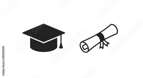 Obraz Graduation Cap and Diploma Outline on Black. Minimal illustration for education content, posters, and invitations.