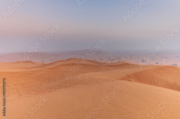 Fototapeta The sun rising on the pristine and untouched red dunes in the desert near Dubai