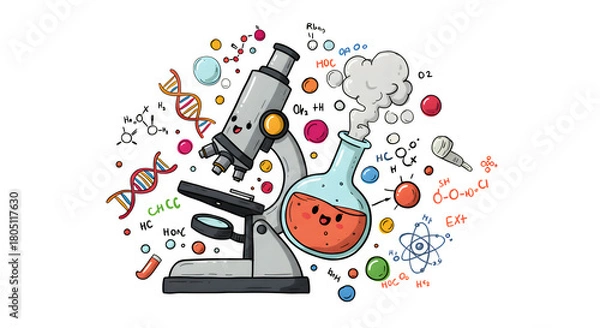 Obraz Playful science cartoon features a microscope, lab flask, DNA helix, & molecules on black for kids' educational materials, science-themed products, posters.