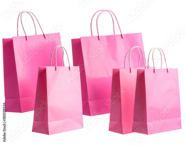 Fototapeta Floating Pink Shopping Bags with Subtle Reflections, Dynamic Composition, Transparent Background