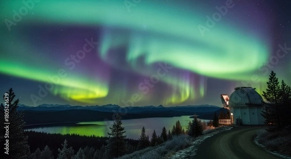 Fototapeta Spectacular Aurora Borealis Dances Over Remote Observatory
