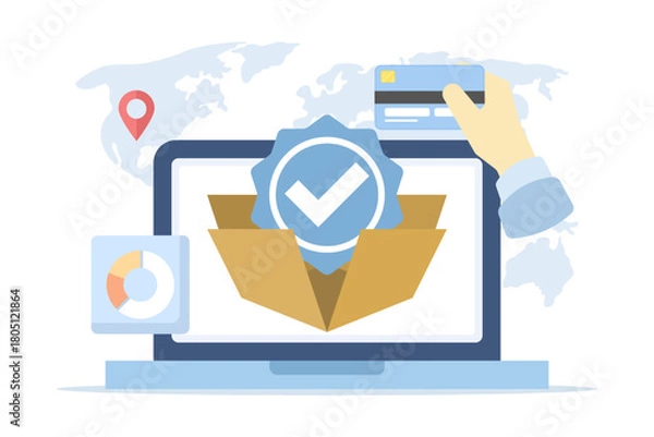 Fototapeta Online shopping payment system illustration with a laptop, package box, and check mark, symbolizing successful purchases and digital transaction approval. flat vector illustration.
