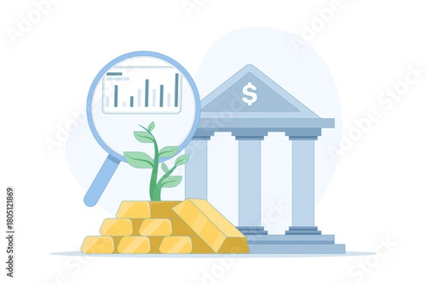 Fototapeta Flat vector illustration of gold bar market analysis. A growing plant symbolizes investment growth, asset stability, and wealth development in financial markets and digital marketing concepts.