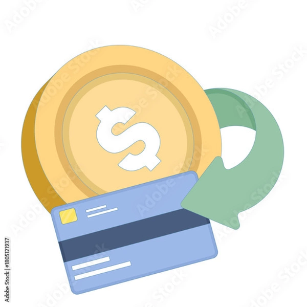 Fototapeta Cashback concept showing coins and an arrow returning to a payment card, symbolizing refunded money, rewards, and financial incentives. flat design illustration on background.