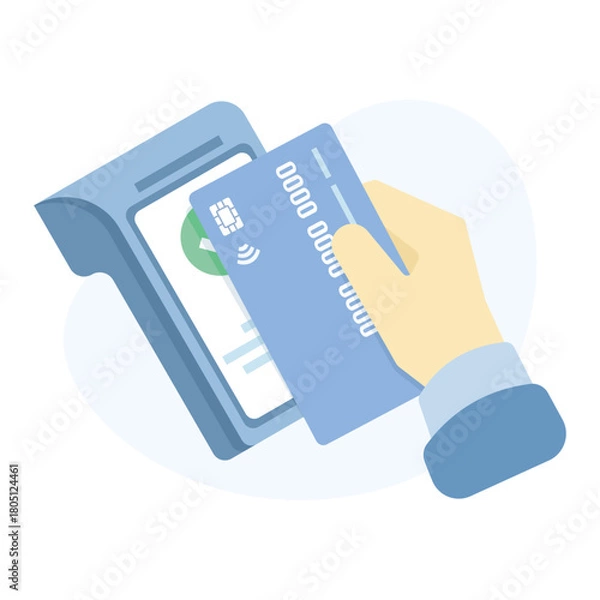 Fototapeta Contactless payment concept showing a hand tapping a credit or debit card near a POS terminal, illustrating NFC transactions and fast, secure cashless purchases. flat vector illustration.